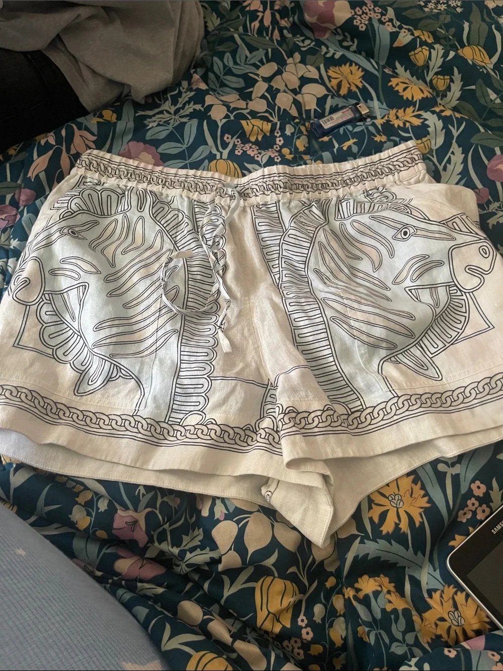 Tory Burch White High-Waist Drawstring Shorts with Navy Fish Print